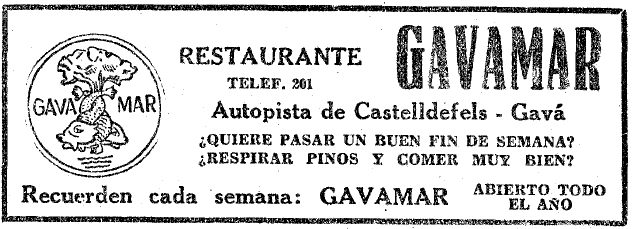 Anuncio del Restaurante Gavamar de Gav Mar publicado en el diario LA VANGUARDIA (8 de Febrero de 1958)